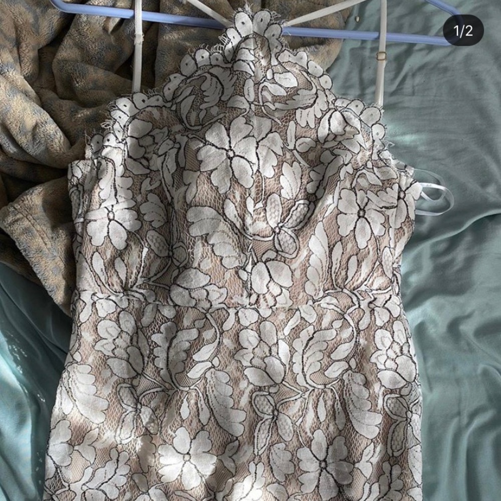 white and tan lace dress